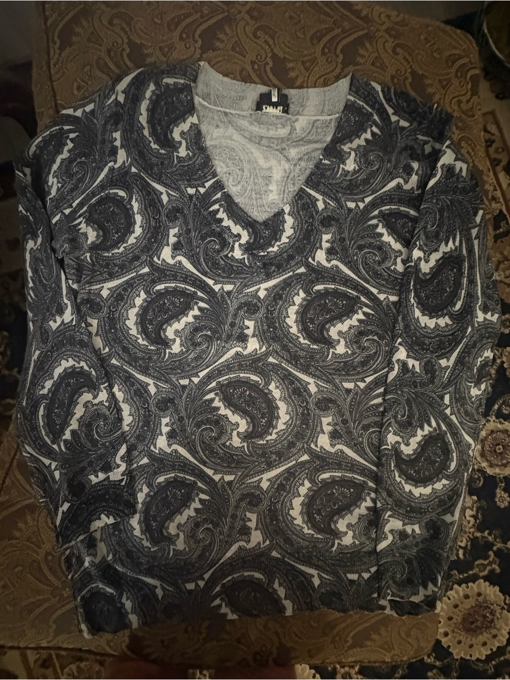 Talbots Dark Gray and white Merino Wool Paisley V-Neck Sweater